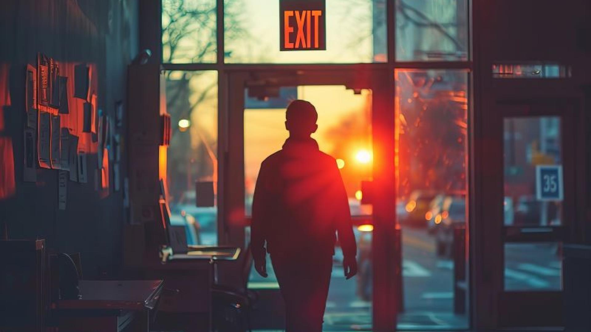 man loopt naar de exit