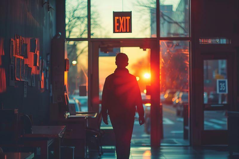 man loopt naar de exit