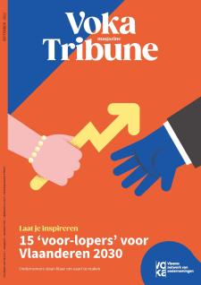 Cover Voka Tribune September 2022 'Voor-lopers voor Vlaanderen' met estafette stok die wordt doorgegeven