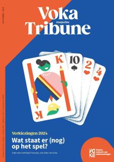 Cover Voka Tribune 2024 met kaartspel over de verkiezingen